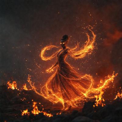 The primary subject of the image is a woman, who is the main focus of the scene. She is wearing a long dress and is surrounded by fire, giving the image a dramatic and intense atmosphere. The setting appears to be a dark, possibly magical, environment, with the woman as the central figure. The visual style of the image is a combination of photo and digital art, creating a unique and captivating scene. The colors in the image are predominantly dark and fiery, with the woman's dress and